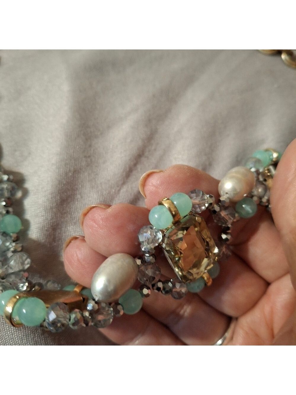 Genuine pearls, natural Jade and rhinestones 18" + ext Statement Necklace - Picture 11 of 11